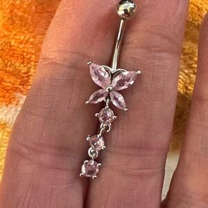Belly Ring- Stainless Steel Flower Navel Ring Pink Zirconia Belly Piercing Ring